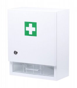 Wall mounted laminated medicine cabinet with plastic drawer - empty